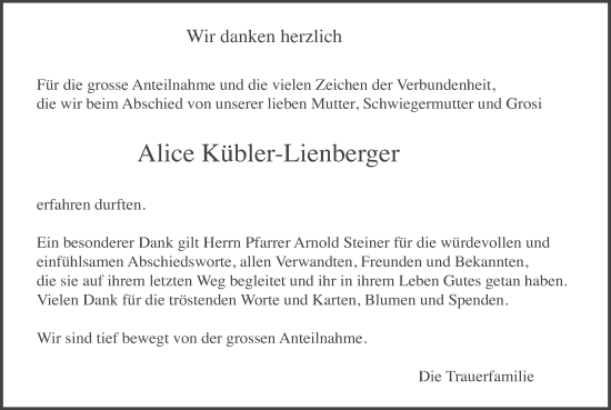 Traueranzeige von Alice Kübler-Lienberger von AvU