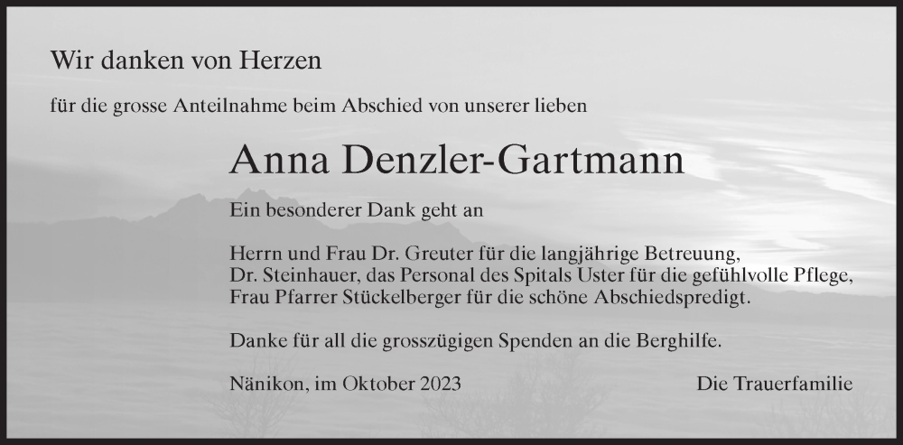  Traueranzeige für Anna Denzler-Gartmann vom 25.10.2023 aus AvU
