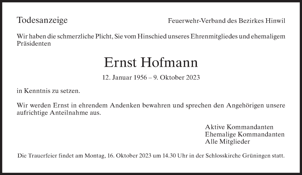  Traueranzeige für Ernst Hofmann vom 13.10.2023 aus ZO solo