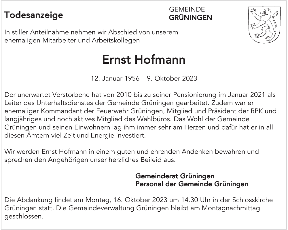  Traueranzeige für Ernst Hofmann vom 12.10.2023 aus ZO solo