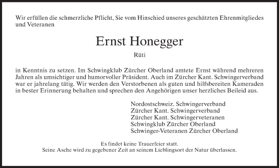 Traueranzeige von Ernst Honegger von ZO solo