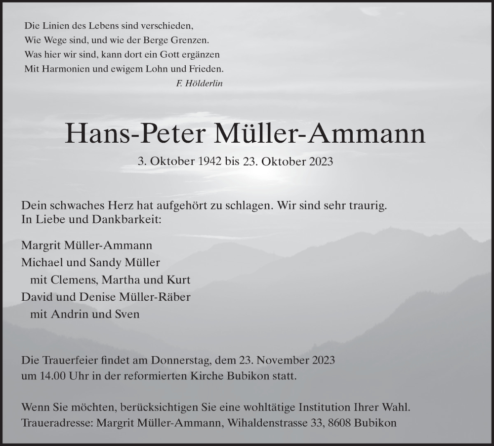  Traueranzeige für Hans-Peter Müller-Ammann vom 01.11.2023 aus AvU