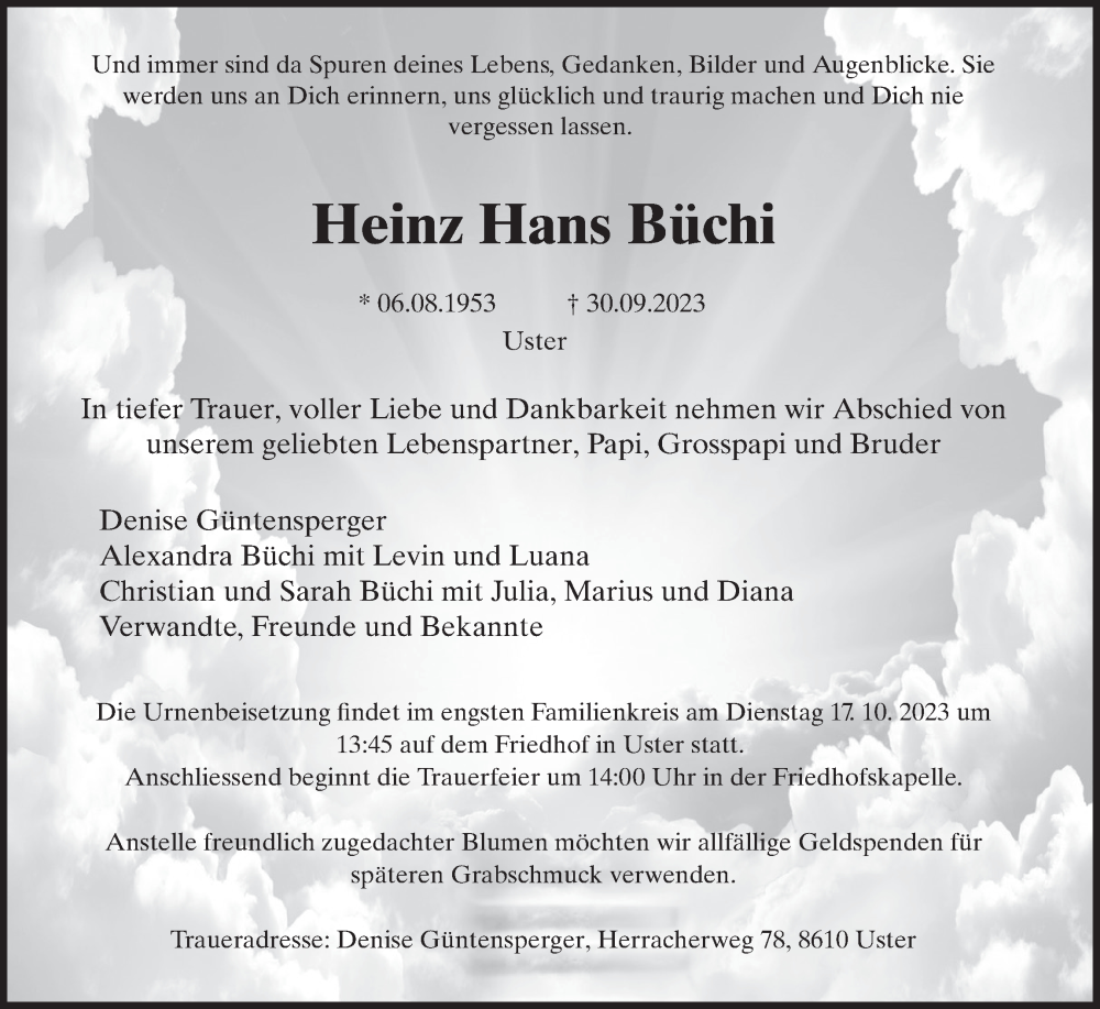  Traueranzeige für Heinz Hans Büchi vom 04.10.2023 aus AvU