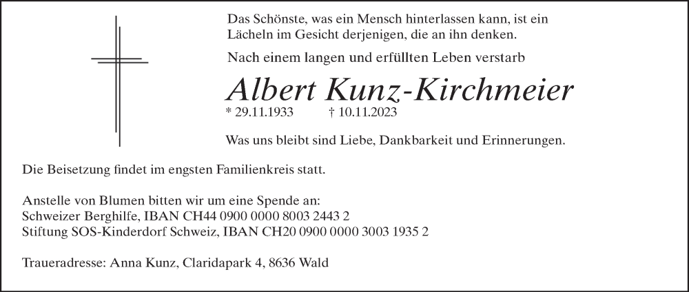  Traueranzeige für Albert Kunz-Kirchmeier vom 15.11.2023 aus AvU