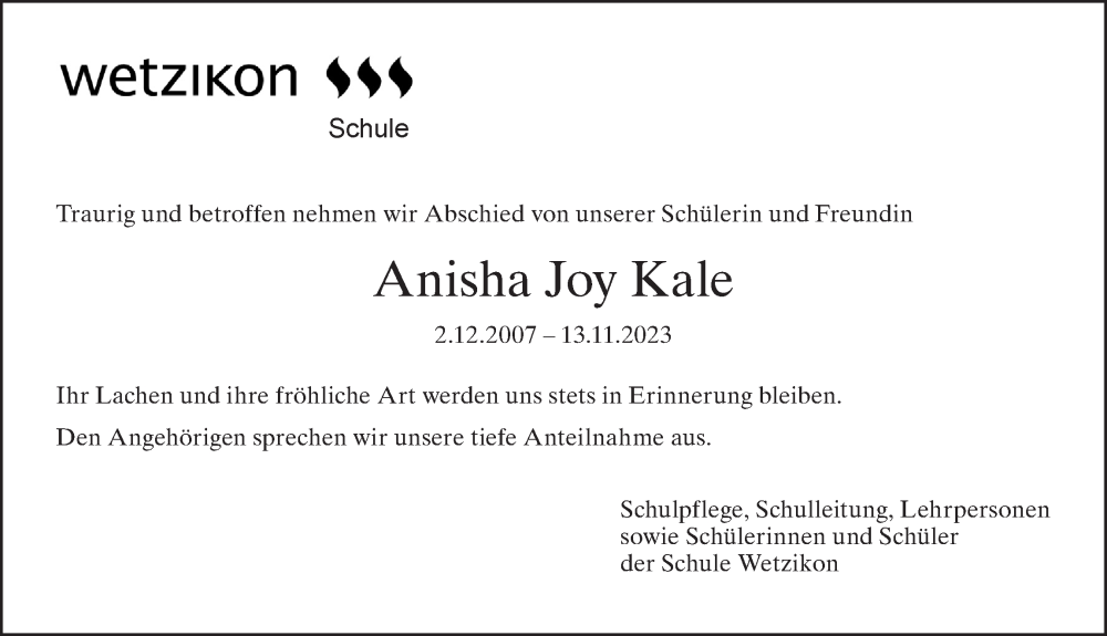  Traueranzeige für Anisha Joy Kale vom 24.11.2023 aus ZO solo