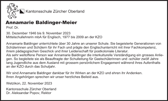Traueranzeige von Annamarie Baldinger-Meier von ZO solo