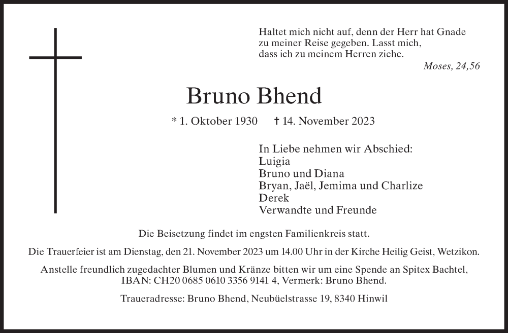  Traueranzeige für Bruno Bhend vom 18.11.2023 aus ZO solo