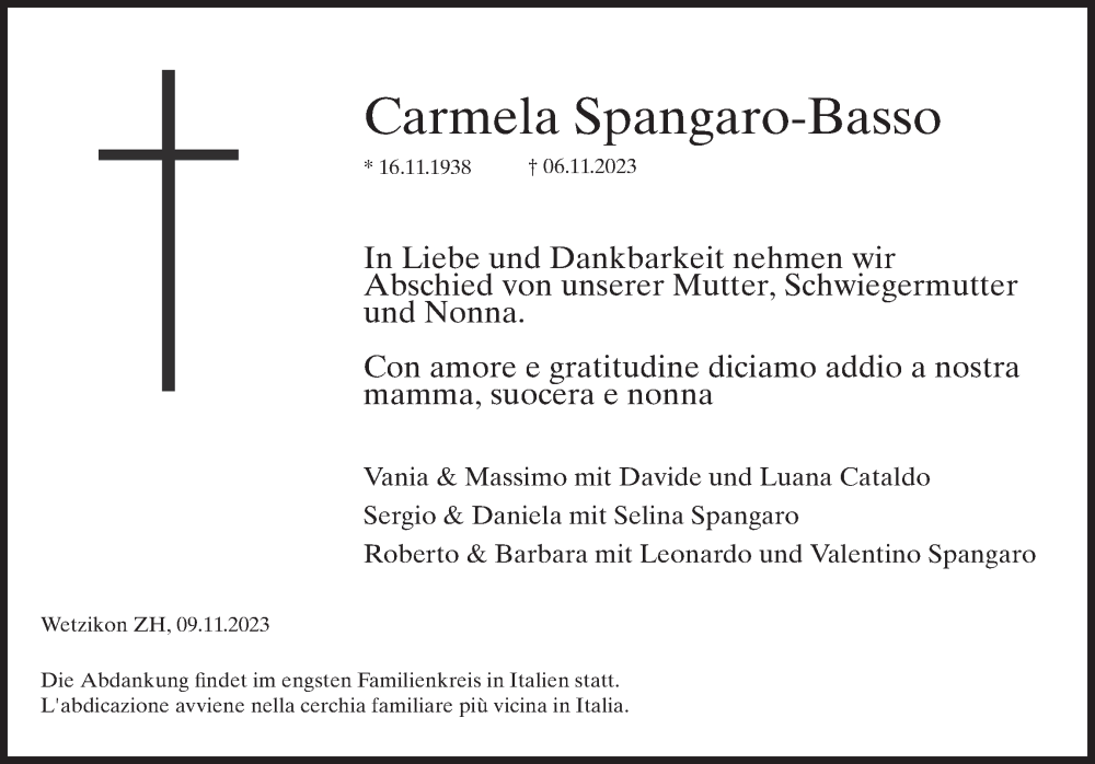  Traueranzeige für Carmela Spangaro-Basso vom 09.11.2023 aus ZO solo