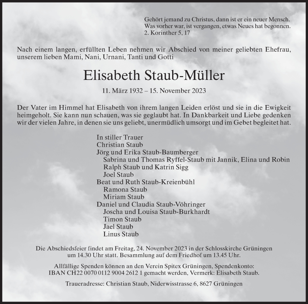  Traueranzeige für Elisabeth Staub-Müller vom 22.11.2023 aus AvU