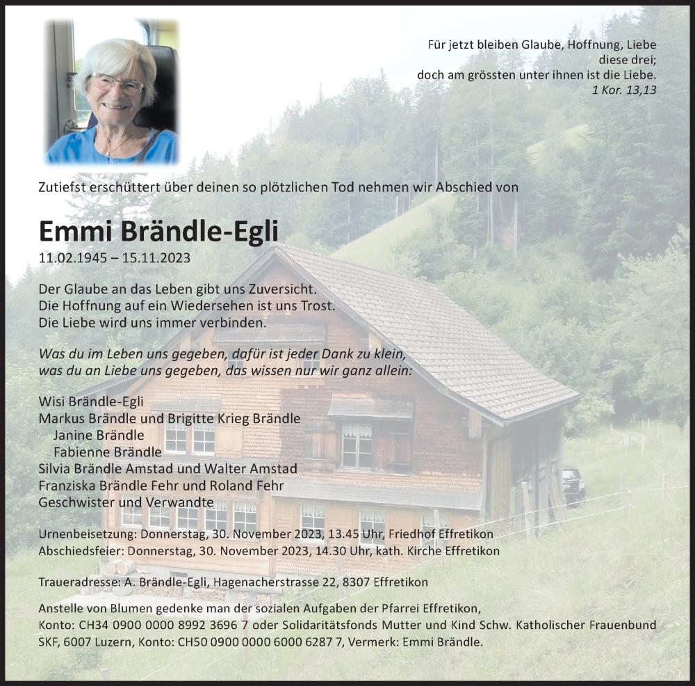  Traueranzeige für Emmi Brändle-Egli vom 18.11.2023 aus ZO solo