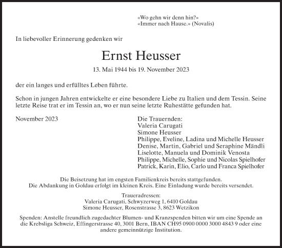 Traueranzeige von Ernst Heusser von ZO solo