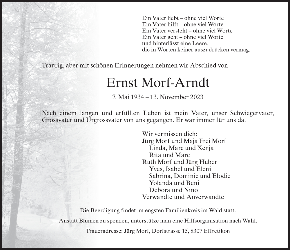  Traueranzeige für Ernst Morf-Arndt vom 16.11.2023 aus reg_2