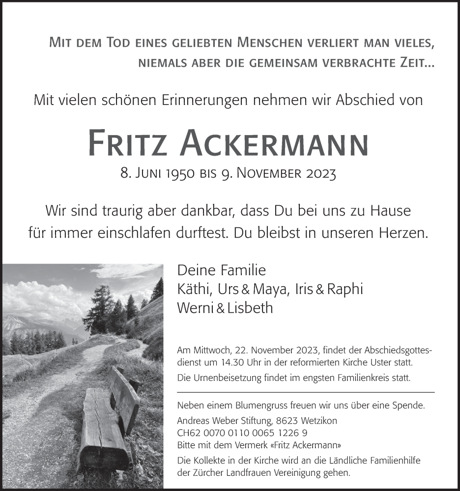  Traueranzeige für Fritz Ackermann vom 15.11.2023 aus AvU