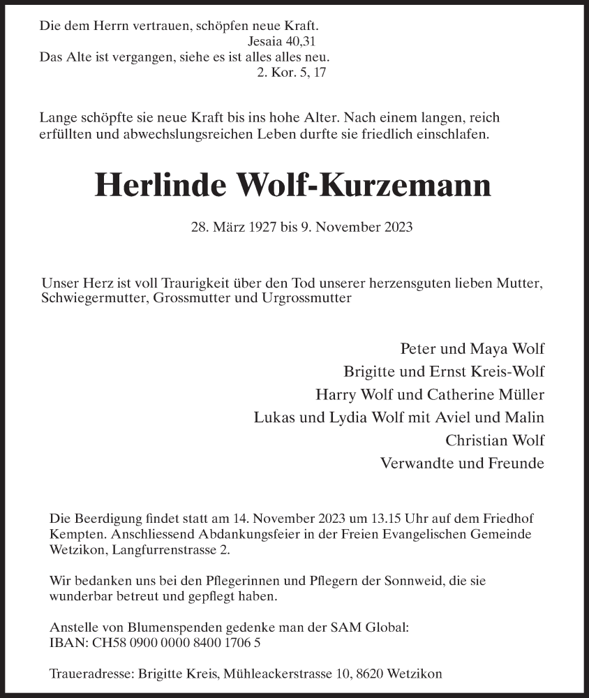  Traueranzeige für Herlinde Wolf-Kurzemann vom 14.11.2023 aus ZO solo