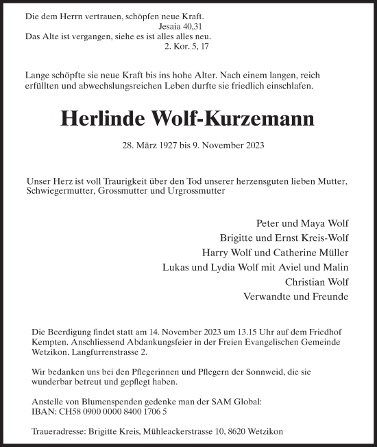 Traueranzeige von Herlinde Wolf-Kurzemann von ZO solo
