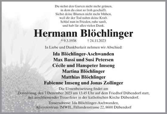 Traueranzeige von Hermann Blöchlinger von VO solo