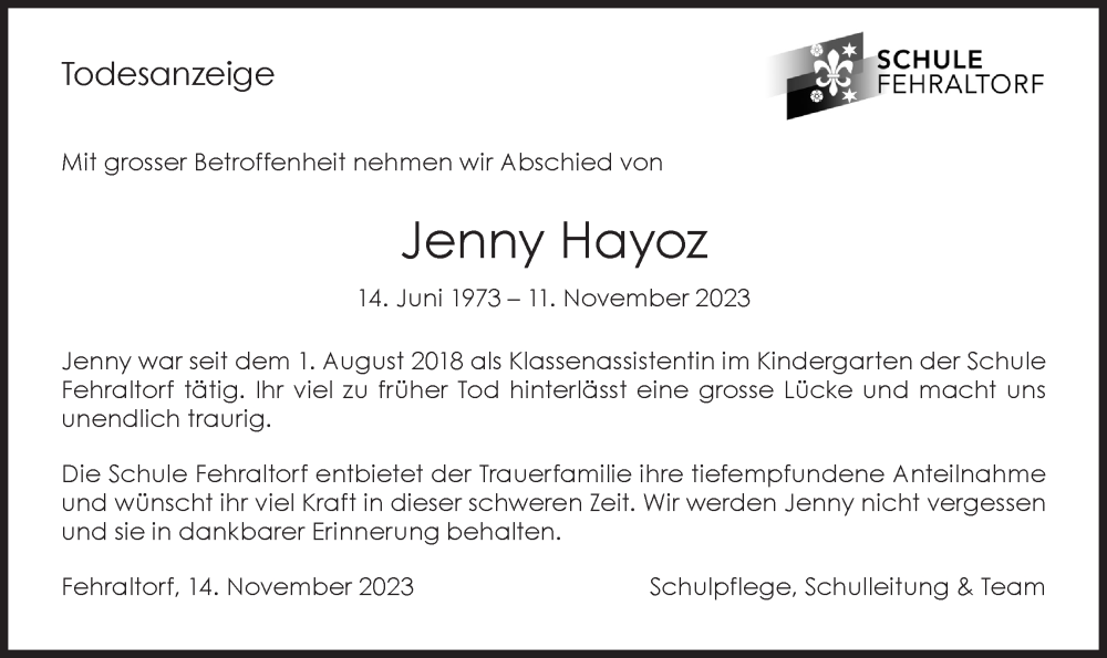  Traueranzeige für Jenny Hayoz vom 18.11.2023 aus ZO solo