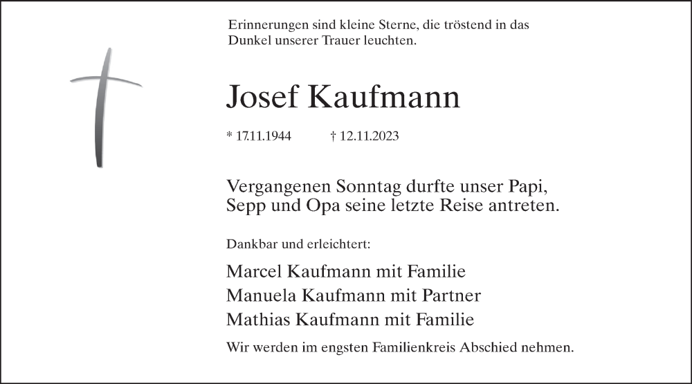  Traueranzeige für Josef Kaufmann vom 15.11.2023 aus AvU