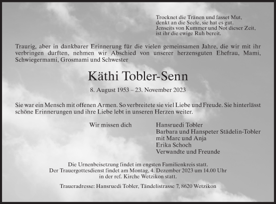 Traueranzeige von Käthi Tobler-Senn von ZO solo