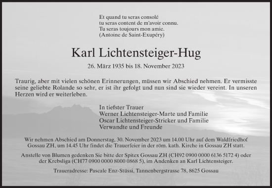 Traueranzeige von Karl Lichtensteiger-Hug von AvU