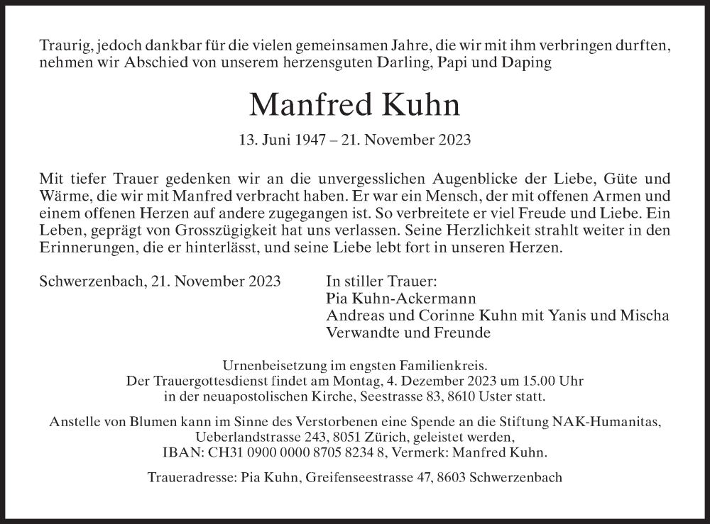  Traueranzeige für Manfred Kuhn vom 24.11.2023 aus ZO solo