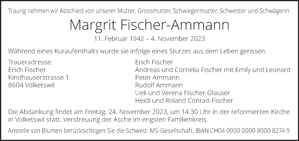  Traueranzeige für Margrit Fischer-Ammann vom 15.11.2023 aus AvU