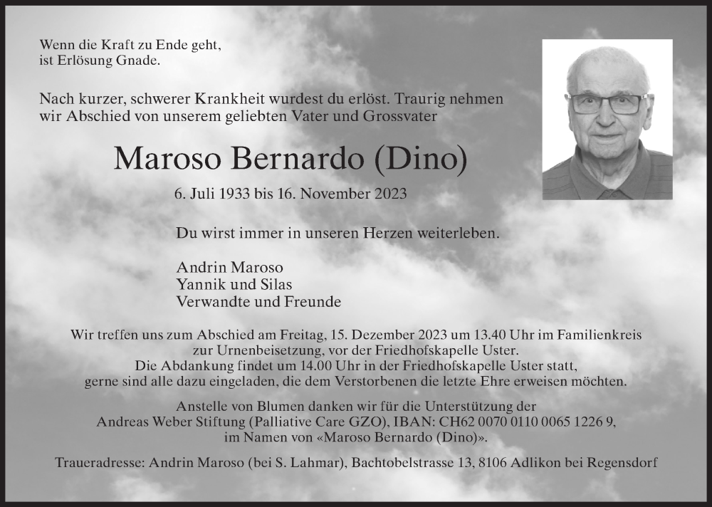  Traueranzeige für Maroso Bernardo vom 29.11.2023 aus ZO solo