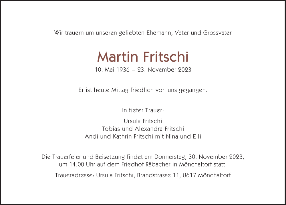  Traueranzeige für Martin Fritschi vom 29.11.2023 aus ZO solo