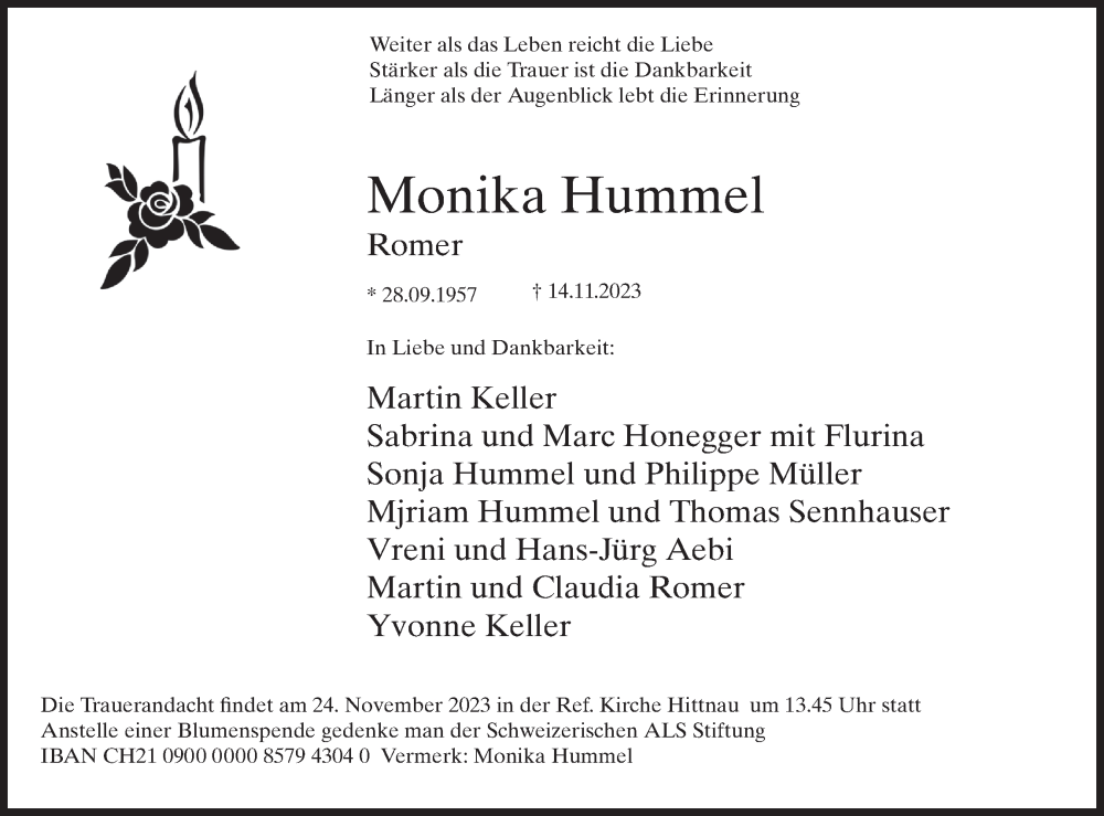  Traueranzeige für Monika Hummel vom 22.11.2023 aus AvU