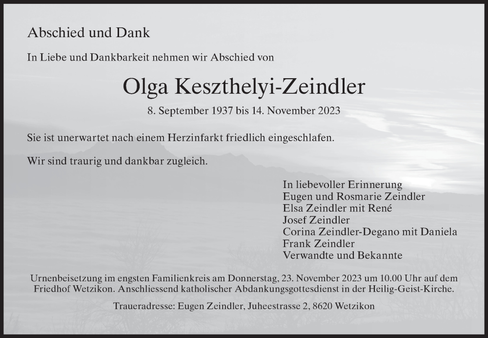  Traueranzeige für Olga Keszthelyi-Zeindler vom 16.11.2023 aus AvU