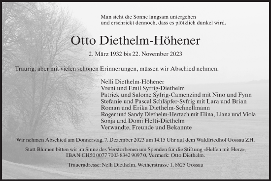 Traueranzeige von Otto Diethelm-Höhener von ZO solo