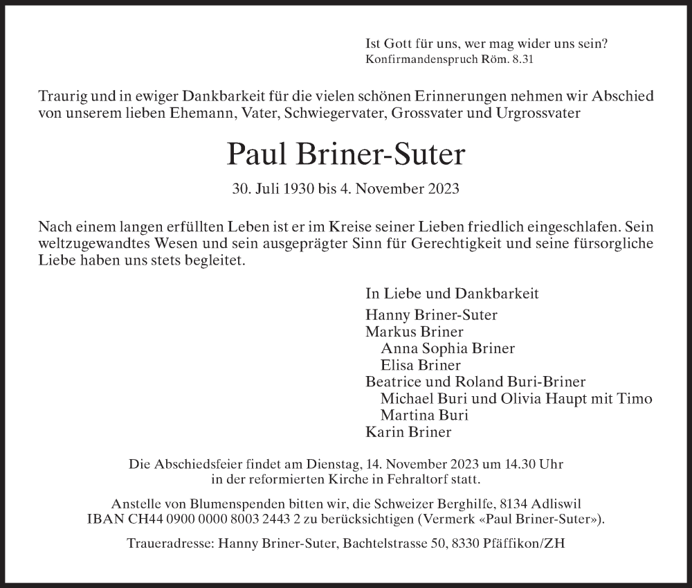  Traueranzeige für Paul Briner-Suter vom 08.11.2023 aus AvU