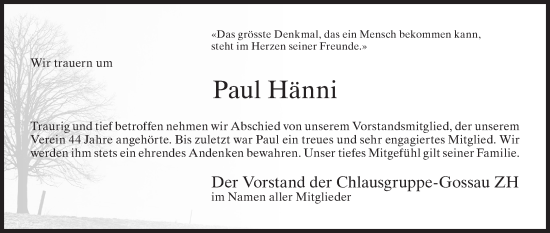 Traueranzeige von Paul Hänni von ZO solo