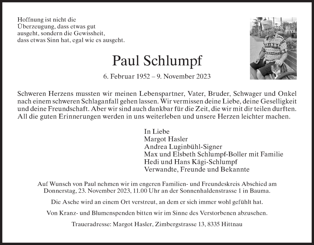  Traueranzeige für Paul Schlumpf vom 15.11.2023 aus AvU