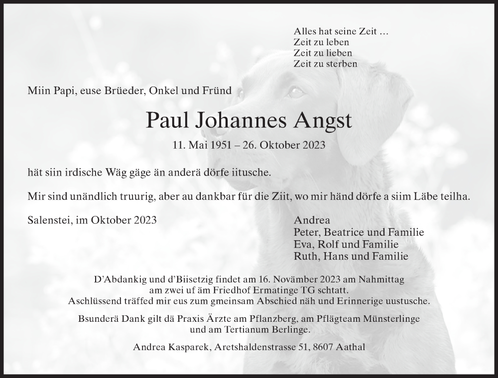  Traueranzeige für Paul Johannes Angst vom 03.11.2023 aus AvU