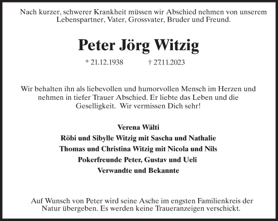 Traueranzeige von Peter Jörg Witzig von ZO solo