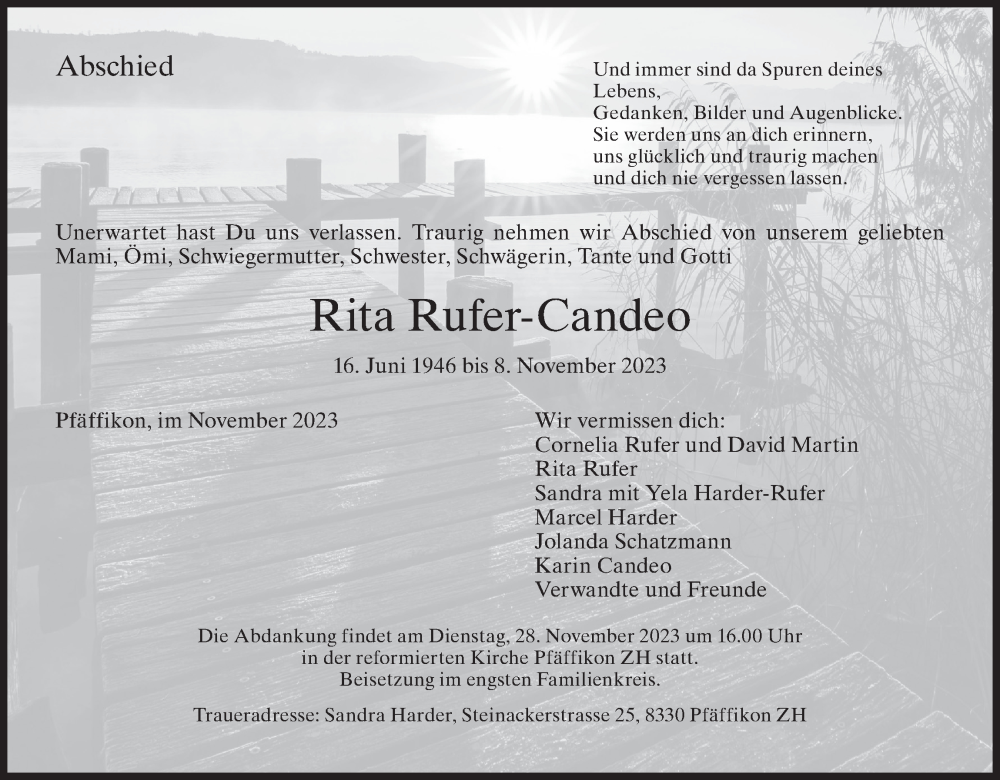  Traueranzeige für Rita Rufer-Candeo vom 21.11.2023 aus ZO solo