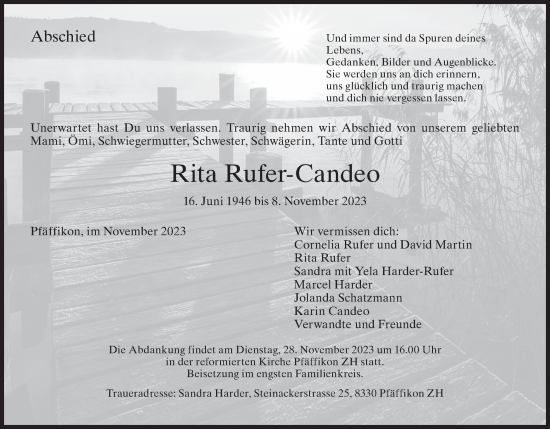 Traueranzeige von Rita Rufer-Candeo von ZO solo