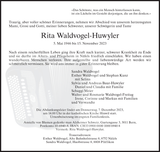 Traueranzeige von Rita Waldvogel-Huwyler von ZO solo