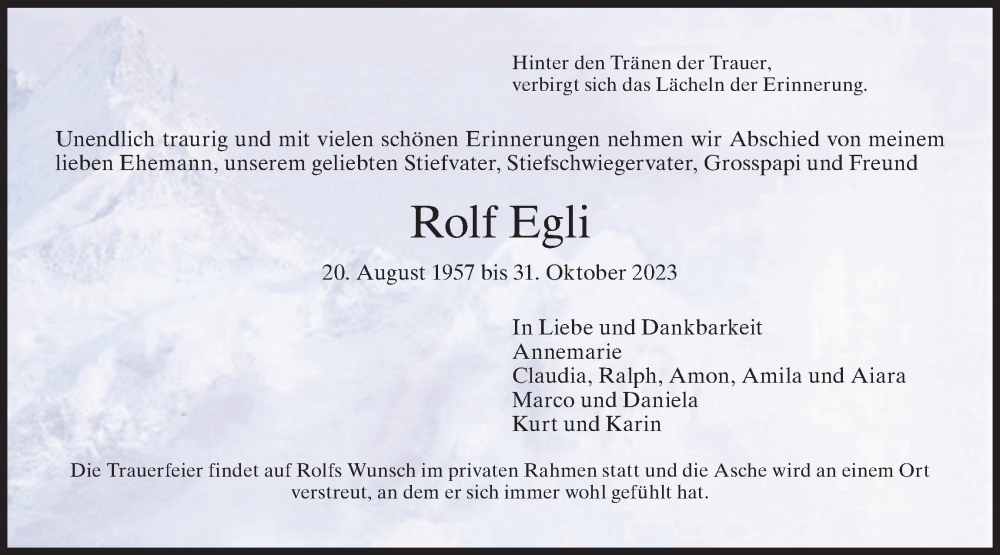  Traueranzeige für Rolf Egli vom 08.11.2023 aus AvU