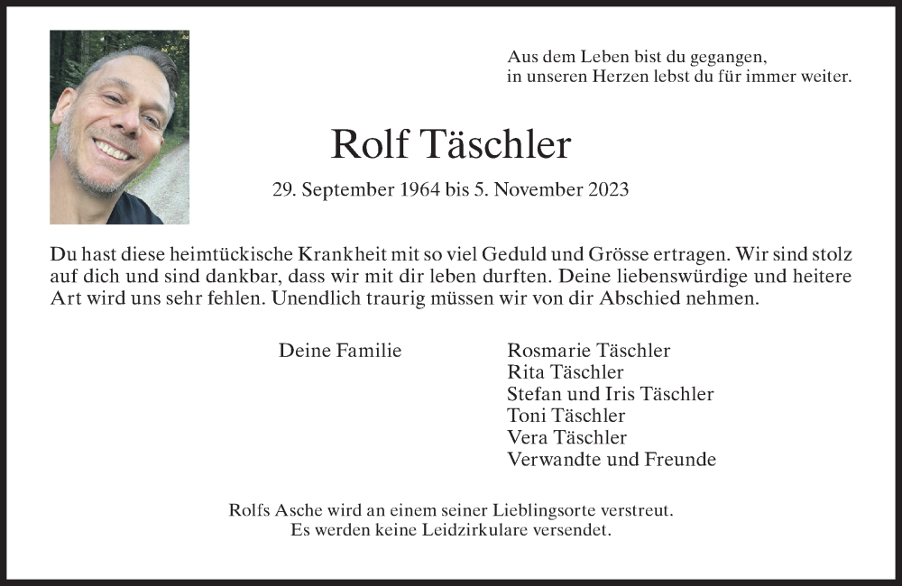  Traueranzeige für Rolf Täschler vom 08.11.2023 aus AvU