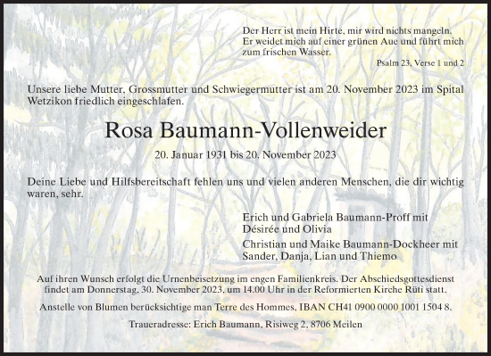 Traueranzeige von Rosa Baumann-Vollenweider von ZO solo