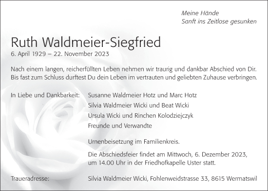 Traueranzeige von Ruth Waldmeier-Siegfried von ZO solo