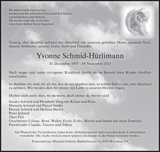 Traueranzeige von Yvonne Schmid-Hürlimann von ZO solo