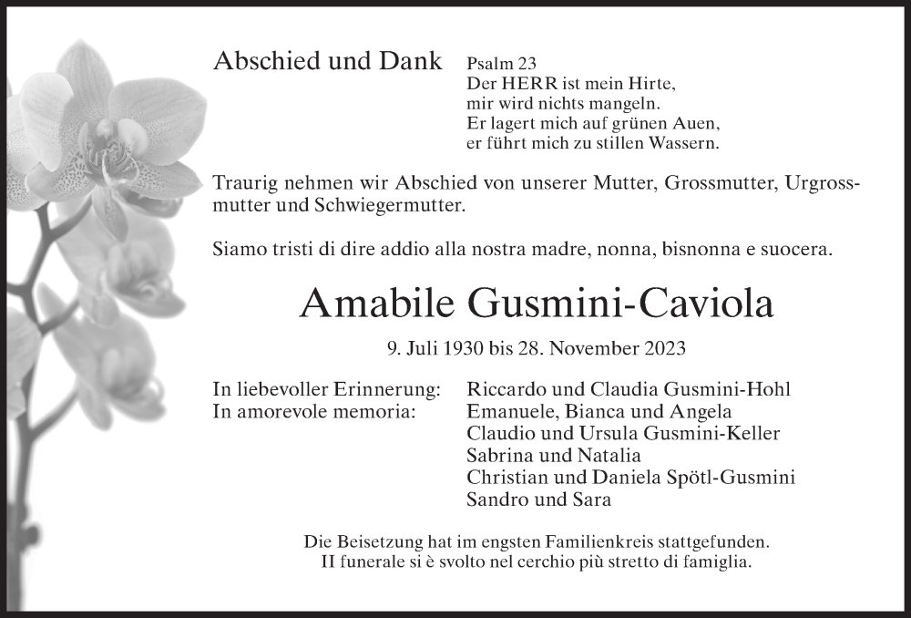  Traueranzeige für Amabile Gusmini-Caviola vom 06.12.2023 aus AvU