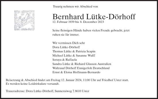 Traueranzeige von Bernhard Lütke-Dörhoff von ZO solo