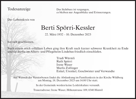 Traueranzeige von Berti Spörri-Kessler von AvU