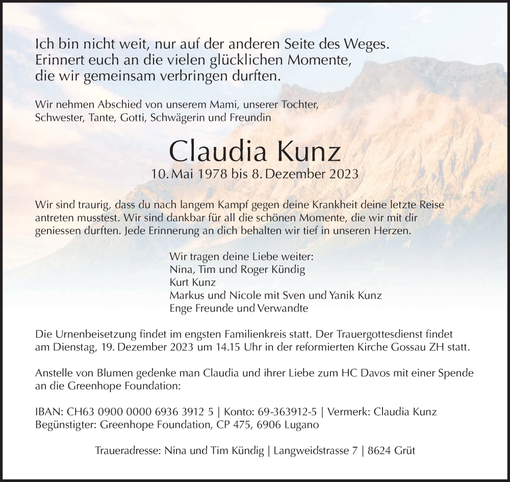  Traueranzeige für Claudia Kunz vom 13.12.2023 aus AvU