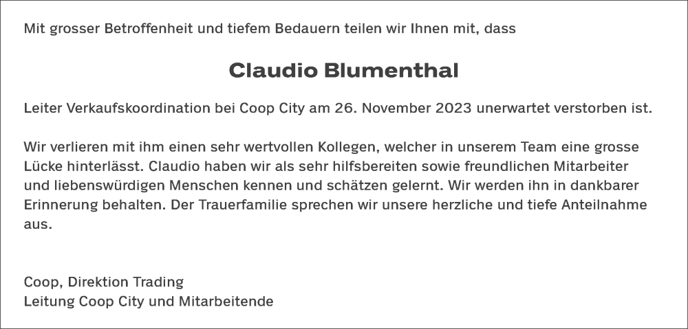  Traueranzeige für Claudio Blumenthal vom 06.12.2023 aus AvU