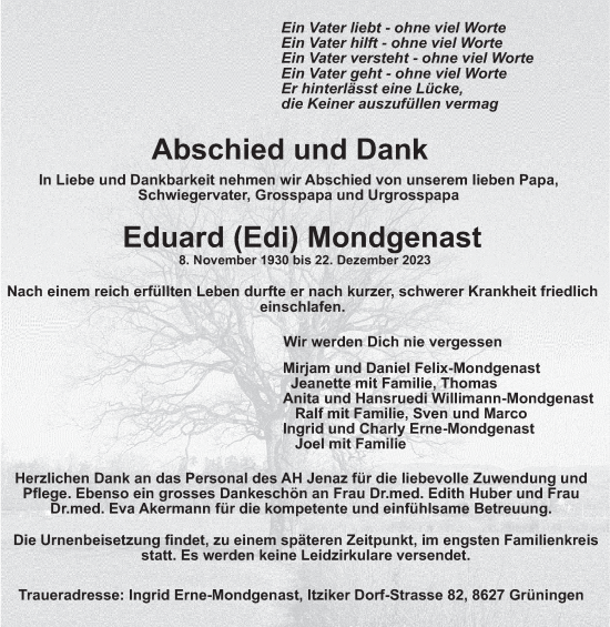 Traueranzeige von Eduard Mondgenast von ZO solo